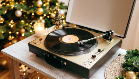 A retro-style portable record player spinning a vinyl LP, set on a rustic table with a warm, cozy background of a decorated Christmas tree and glowing candlelight, perfect for holiday ambiance and vintage music themes.の素材