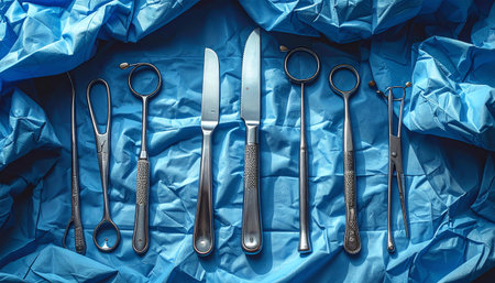 A close-up, overhead view of a set of shiny metallic instruments, including forceps, clamps, and specialized knives, laid out on a wrinkled blue sterile surgical cloth, ready for an operating procedure.の素材