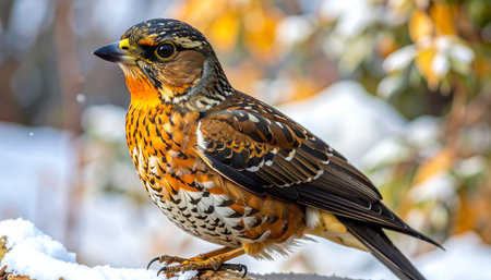 Close-up portrait of a beautifully patterned bird with orange, black, and white plumage, perched on a snow-covered branch during a cold winter day, highlighting wild avian life.の素材