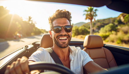 A cheerful man with sunglasses is smiling widely while driving a convertible car on a sunny day. He appears happy and carefree, enjoying a vacation or a fun road trip. The photo conveys a sense of freedom, adventure, and the joy of summer travel.の素材