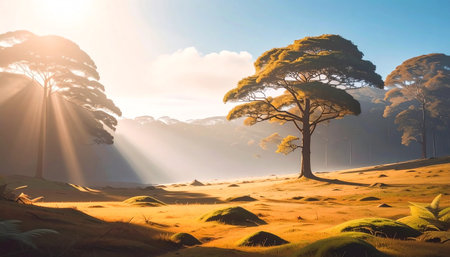 A serene and picturesque landscape of a golden savannah at sunrise, with large, mature trees casting long shadows and soft sunlight filtering through the misty air. This tranquil scene evokes a sense of peace and the beauty of the African plains.の素材
