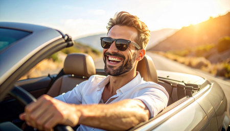 A cheerful man with sunglasses smiles and laughs while driving a convertible on a sunny day. He looks happy and carefree, enjoying a road trip or vacation. The photo captures a sense of freedom, happiness, and summer fun.の素材