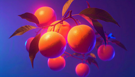 A branch of oranges and mandarins is beautifully illuminated by vibrant, futuristic lighting against a gradient background. The warm glow of the fruit contrasts with the cool tones, creating a stunning and surreal still-life. Ideal for themes of healthy food, unique design, and modern art.の素材