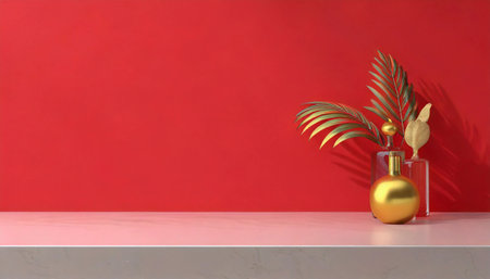 A vibrant red background with a minimalist white counter, featuring decorative gold and green tropical leaves in elegant vases. The space is ideal for product presentations with a luxurious and festive feel.の素材