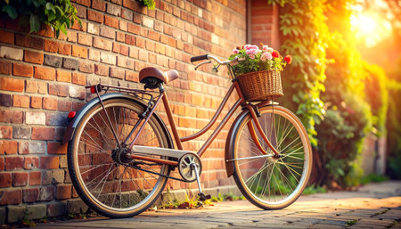 charming vintage bicycle with a basket full of flowers leans against a rustic brick wall. The scene is bathed in the soft, warm light of the golden hour, creating a tranquil and nostalgic atmosphere. This image captures the simple beauty of a peaceful afternoonの素材