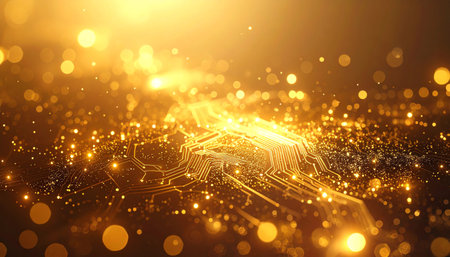 An abstract and luminous image of a golden circuit board with sparkling bokeh lights, representing technology, data, innovation, and digital connectivity.の素材