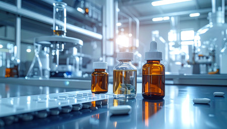 Close-up of various pharmaceutical bottles and pills on a sterile laboratory surface, emphasizing drug formulation, quality control, and medical research in a modern facility.の素材