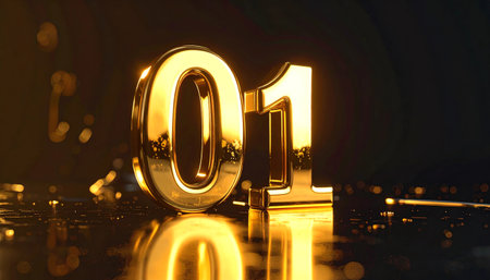 A close-up 3D render of the number "01" crafted from polished, reflective gold material, standing on a dark, glossy surface with dramatic lighting and golden bokeh. Symbolizes first place, success, premium quality, leadership, and a grand beginning.の素材