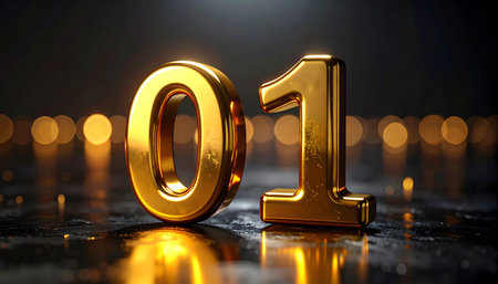 Magnified 3D rendering of the number "01" cast in highly polished, luxurious gold, resting on a reflective dark and wet surface with warm, bright bokeh lights in the background. Ideal for themes of achievement, leadership, ranking, and premium quality.の素材