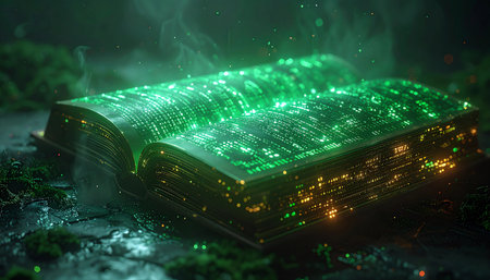 An ancient, open book lying on a mossy, dark surface, with its pages glowing brightly with neon green digital code and binary streams. Conceptually represents the merger of technology and knowledge, digital history, programming secrets, and the magic of data.の素材