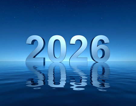 A minimal and clean 3D graphic featuring large, smooth silver/metallic numbers for the year "2026", standing in a calm body of deep blue water. The numbers and the starry sky are clearly reflected on the rippled surface, symbolizing a clear outlook, future stability, tranquility, and a fresh, promising start for the new year.の素材