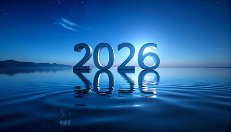 A tranquil and vast 3D landscape featuring the year "2026" in bold, metallic blue numbers emerging from a calm water surface under a stunning, deep blue starry night sky. The scene is minimal and reflective, symbolizing foresight, new horizons, peaceful planning, deep thought, and the hopeful start of the new year.の素材