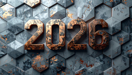 A rugged and luxurious 3D render of the year "2026" in distressed copper or bronze, mounted on a textured, dark gray hexagonal tile wall with abstract marbling and gold/copper accents. This visual emphasizes industrial quality, luxury construction, future durability, strength, and a high-end, powerful theme for the new year.の素材