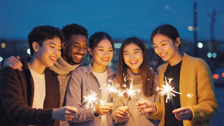 A candid and joyful photograph of a diverse group of young adult friends smiling and standing close together, celebrating outdoors at dusk while holding bright sparklers. Captures friendship, festive moments, and togetherness.の素材