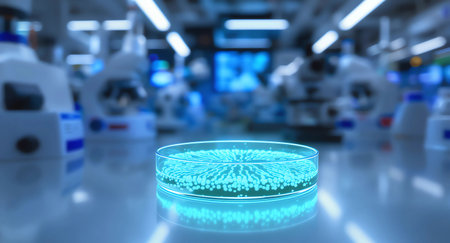 A striking image of a Petri dish on a lab bench, glowing with bright blue light and showing a unique microscopic organism or cellular structure. This represents cutting-edge biotechnology, genetic research, and scientific discovery in a high-tech environment.の素材