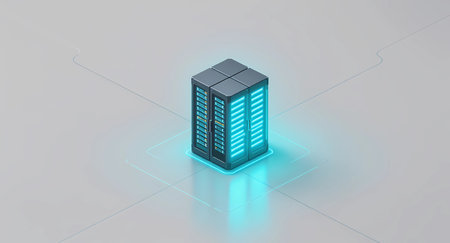 Clean, simplified isometric 3D rendering of a single high-tech server cabinet glowing with soft cyan light on a pristine white floor. Represents concepts like dedicated server hosting, data center virtualization, cloud computing technology, network infrastructure, and enterprise IT solutions.の素材