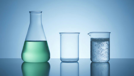 Three varied laboratory glass vesselsâan Erlenmeyer flask with green liquid, an empty beaker, and a beaker with bubbling clear liquidâset against a clean blue gradient. Represents chemical analysis, scientific research, and environmental studies.の素材