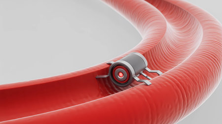 A conceptual 3D render illustrating a nanobot or micro-robot navigating through a blood vessel. This image, featuring red blood cells and the vessel's curved wall, represents cutting-edge concepts in nanomedicine, targeted drug delivery, disease diagnosis, and futuristic internal body technology.の素材