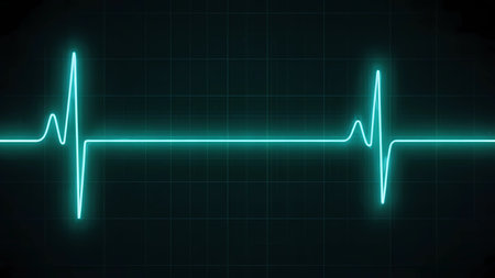 An abstract, digital visualization of a smooth, glowing turquoise heart rate monitor line (ECG/EKG) on a dark, gridded screen. The image depicts a normal sinus rhythm, symbolizing health, medical technology, emergency services, and vital signs.の素材