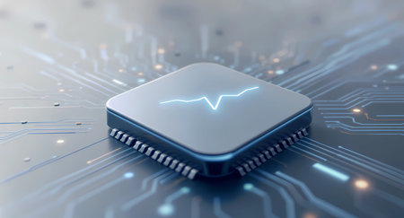 Close-up abstract shot of a stylized sensor or chip on a circuit board, featuring a glowing pulse line. This represents the integration of high technology with health monitoring, medical data, biosignals, and the future of wearable technology and AI diagnostics.の素材