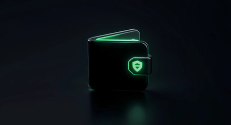 Minimalist 3D icon of a sleek, black digital wallet with a subtle green glow and a security shield emblem. Represents cryptocurrency storage, secure online finance, mobile banking, data protection, and the future of virtual payment systems.の素材