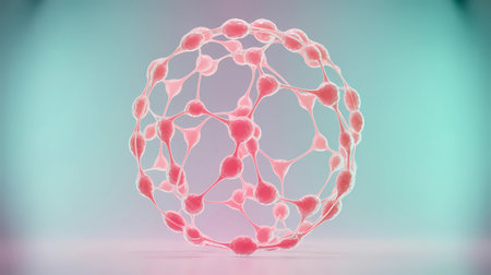 Clean 3D render of a unified, spherical network of cells or neurons, resembling a neurological structure or biological organism. This abstract image represents complex systems, brain activity, cellular communication, and biomedical research.の素材