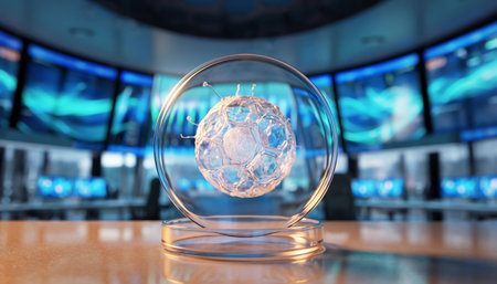 A dramatic, bright close-up of a clear glass petri dish holding a large, complex microscopic cell or virus model, set against the blurred background of a futuristic medical research laboratory with multiple screens. The image represents advanced biological research, cellular science, virology, and innovative scientific discovery.の素材