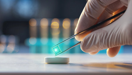 A close-up of a hand in a latex glove using sterile tweezers to precisely place a small, glowing digital microchip onto a white pharmaceutical pill or tablet. This image represents concepts of smart medicine, bio-integrated technology, nanotechnology, futuristic drug delivery systems, and medical innovation.の素材