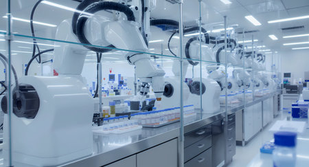 An ambient shot of a clean, brightly lit, and highly controlled pharmaceutical or biotechnology testing facility. Multiple robotic arms are seen behind a glass barrier working on rows of vials, emphasizing automation, precision, sterile manufacturing, and advanced scientific research in a modern lab setting.の素材