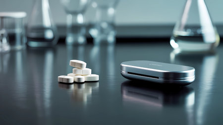 A minimalist composition featuring a small stack of oval-shaped white medical pills next to a sleek, modern silver pillbox or smart dispenser. The background is a blurred pharmaceutical or research laboratory with glassware, conveying themes of innovative medicine, modern healthcare technology, and precise dosage.の素材