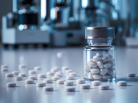A symmetrical view of a high-tech, brightly lit, and sterile pharmaceutical or research laboratory where multiple robotic arms precisely manipulate rows of clear test tubes in yellow and blue racks. This image emphasizes advanced automation, precision liquid handling, high-throughput screening, and the future of scientific testing.の素材