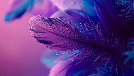A close-up and soft focus shot of delicate feathers bathed in gradients of vibrant lavender, purple, and hints of blue, creating a dreamy and textured abstract background.の素材