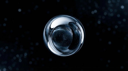 A clean, abstract wallpaper featuring a single, perfectly smooth, reflective chrome sphere floating in the black void of space. The metal surface reflects the starry background, creating a sleek, minimalist, and high-tech visual ideal for science, technology, or luxury concepts.の素材