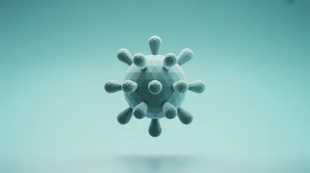 A clean, stylized 3D render of a simplified virus structure, featuring a geometric, low-poly design with spike proteins protruding from the core. The image is set against a soft, light blue-green background, creating a clinical and modern aesthetic. This conceptual visualization is perfect for themes related to virology, infectious disease, health crisis, biology, research, vaccination, and global pandemic. Ideal for medical and scientific educational materials, news articles, and technology presentations.の素材