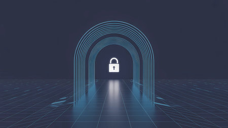 An abstract, minimalist 3D visualization of a digital security environment. The image features a receding path with multiple glowing, arched lines forming a stylized tunnel or gateway, set against a dark background with a subtle grid floor. A bright white padlock icon is positioned centrally at the end of the path, signifying cybersecurity, secure access, data protection, and digital privacy. This clean graphic conveys concepts of VPN connection, network security, encryption, and the entrance to a safe, virtual space.の素材