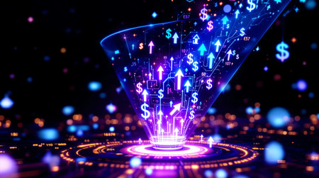 An abstract, vibrant close-up of a stylized data funnel, centrally located on a futuristic digital circuit board. The funnel is actively processing a dynamic stream of glowing financial symbols, including dollar signs ($), and upward-pointing arrows, representing financial growth, digital transformation, data analytics, and wealth creation. The neon purple and blue glow highlights the concepts of FinTech, AI trading, Big Data, and market success in a secure, technological environment.の素材