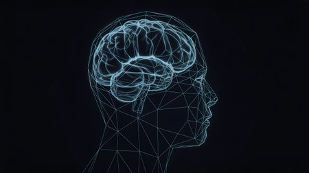 A minimalist 3D render featuring a geometric wireframe outline of a human head (silhouette) with a complex, glowing neural network or brain structure visible inside. This powerful conceptual image represents Artificial Intelligence (AI), the digital mind, mental health technology, machine learning, and the fusion of human thought with computational power.の素材