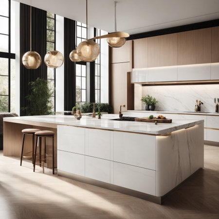 Luxury kitchen interior with white and wooden walls, wooden floor, white countertops and bar with stools. 3d renderingの素材