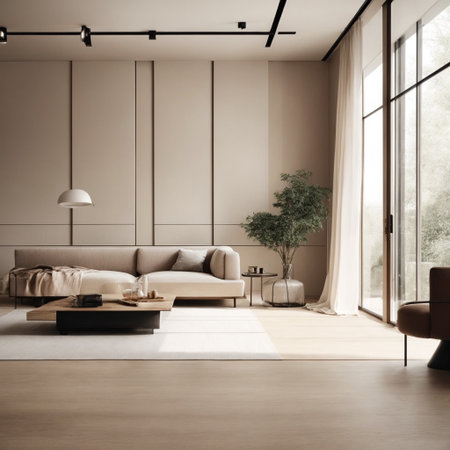 Modern living room interior with beige walls, wooden floor, beige sofa and coffee table. 3d renderの素材