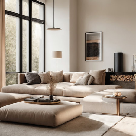 Living room interior with beige sofa, coffee table, coffee table and bookshelfの素材