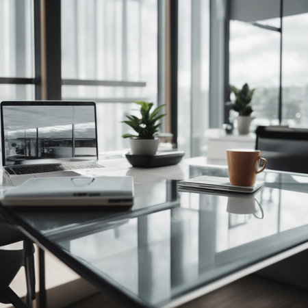 Laptop and coffee cup on table in modern office, stock photoの素材