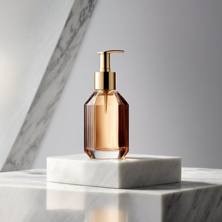Mockup bottle of cosmetic product on white marble podium. 3d renderingの素材