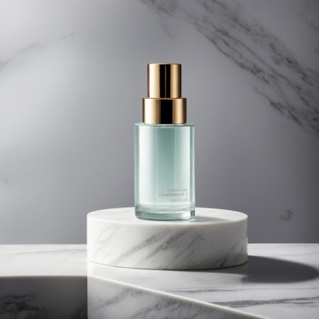 Cosmetic bottle on white marble podium with marble background, 3d renderの素材