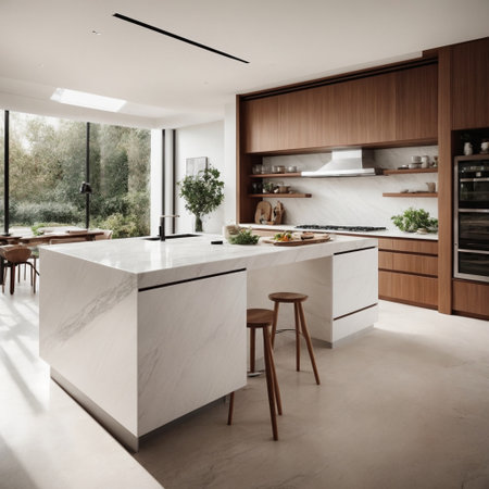 Interior of modern kitchen with white marble countertop. Nobody insideの素材