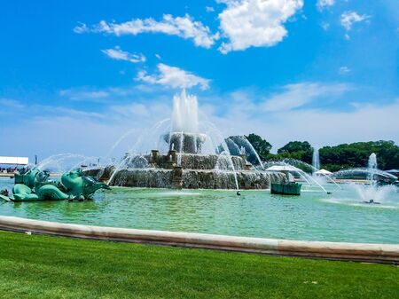 Chicago, Illinois, USA. 07 05 2018: Clarence Buckingham Fountain in Chicago with blue sky in the backgroundのeditorial素材