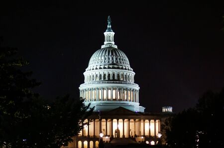 Washington, DC, USA. 08 18 2018. US Capitol building with columns. Close up Night or eveningのeditorial素材
