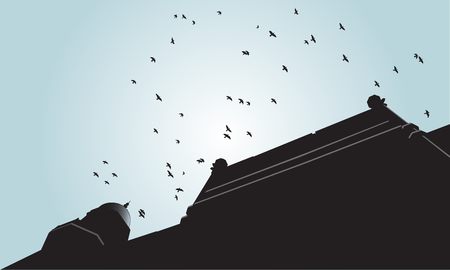 Birds silhouette flying over the old building.のイラスト素材