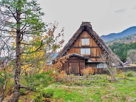 Gassho-Zukuri style, Japan - house with thatched roof in Shirakawa-Go, famous village listed as UNESCO World Heritage Site. Gifu prefecture, Japan.のeditorial素材