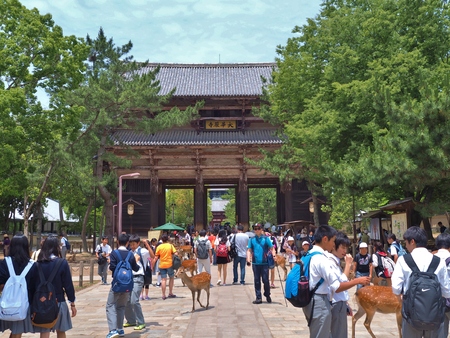 Nara, Japan - June 06, 2016: Unidentified people in front of Nandaimon Gate, part of Todaiji Temple, is a   forms part of the "Historic Monuments of Ancient Nara".のeditorial素材