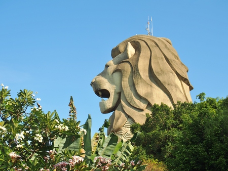 SINGAPORE - MAY 9, 2015: Side view of Merlion Statue at Sentosa island, Singapore.のeditorial素材